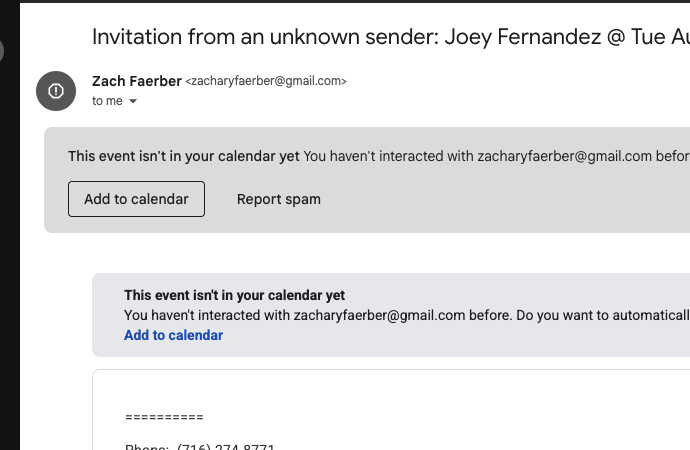 Calendar confirmation showing I Know the Sender and Add to Calendar buttons
