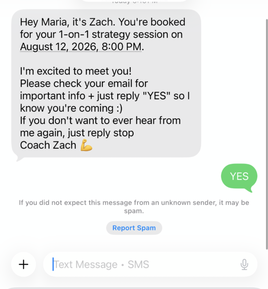 SMS and email confirmation screenshot