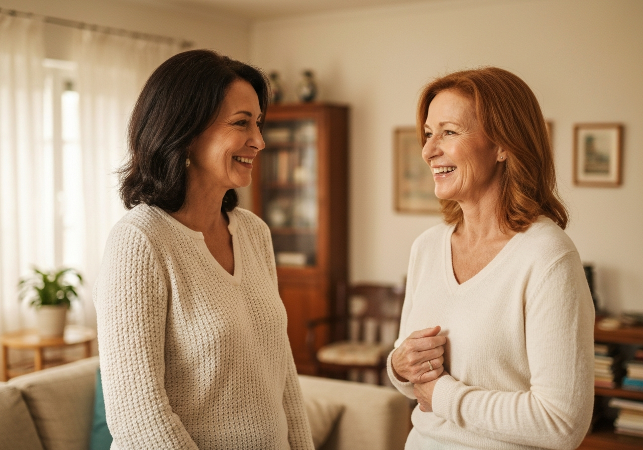 Midlife women walking and laughing together