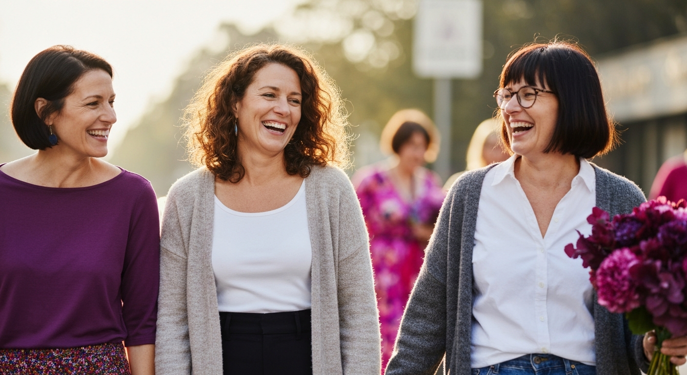 Midlife women walking and laughing together