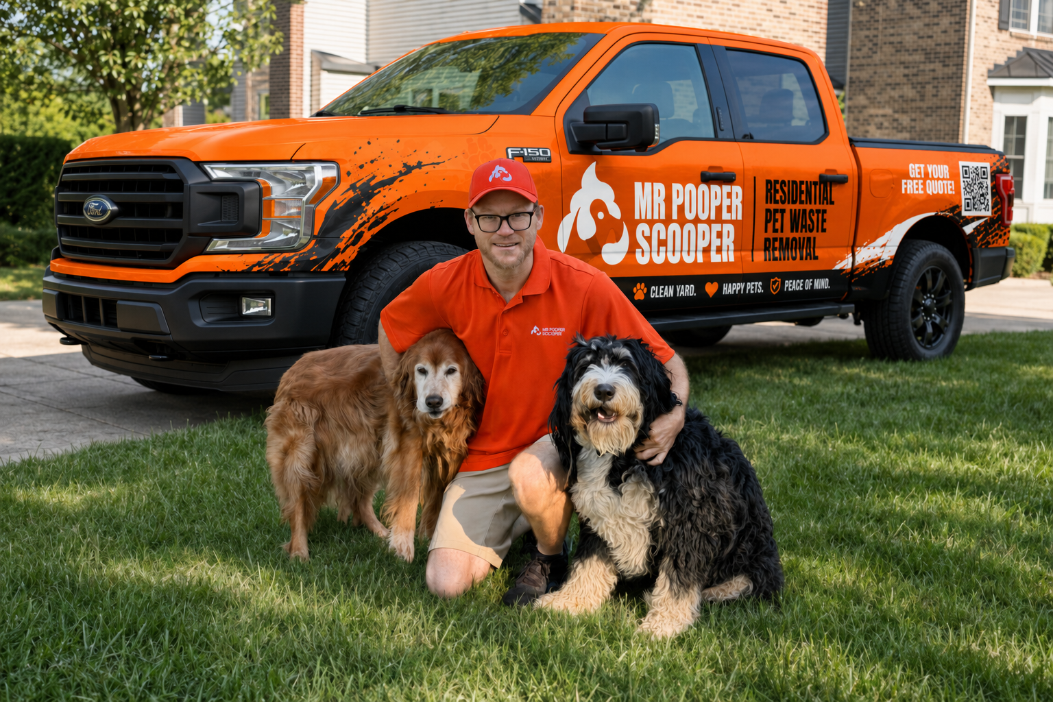 Mr Pooper Scooper owner Aaron with his two dogs in front of the branded service truck