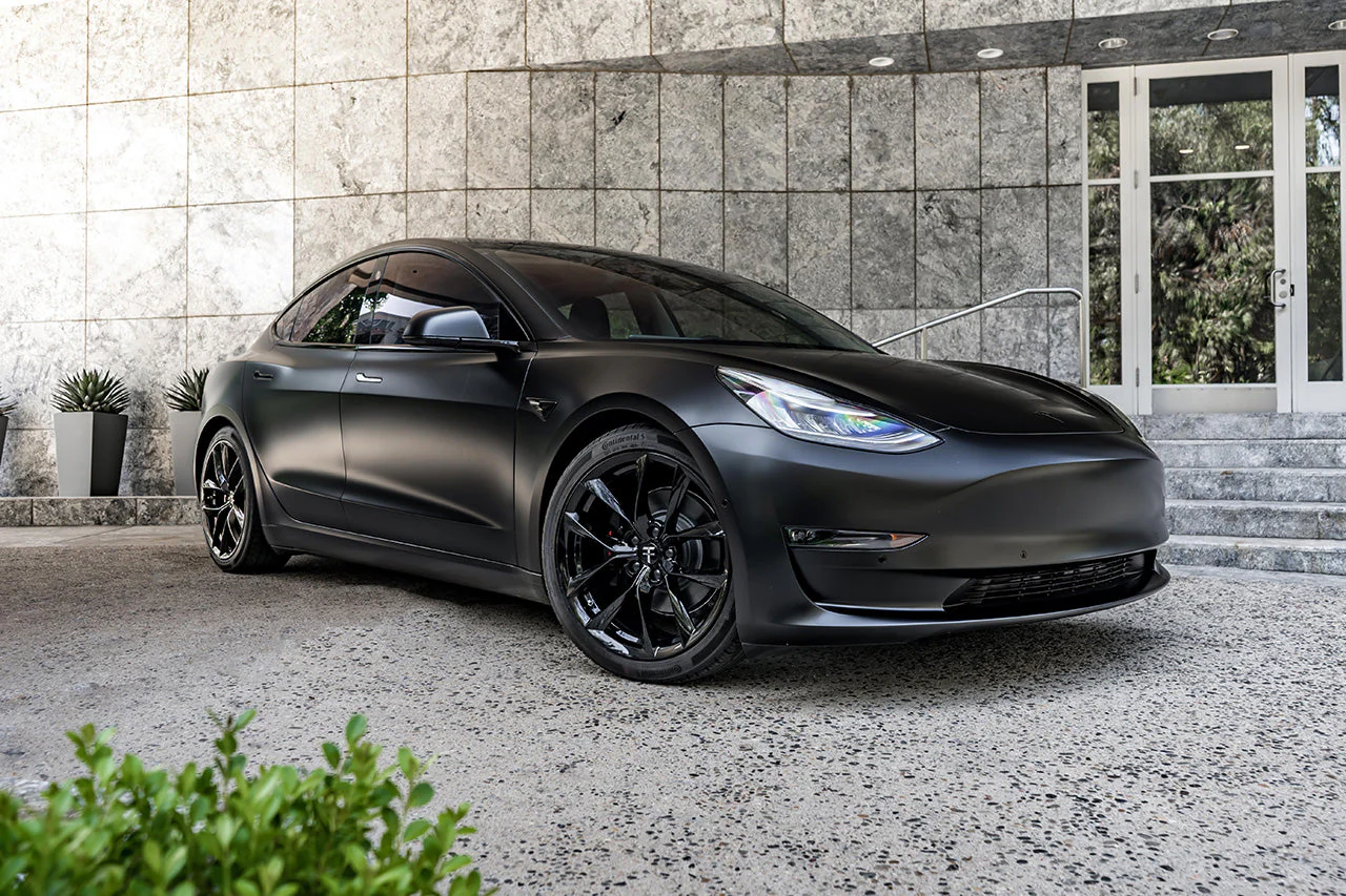 Satin black Tesla Model 3 with paint protection film by Mission Tint