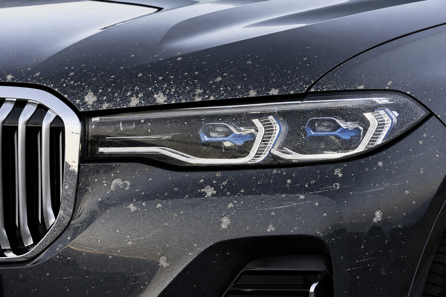 The front end of a dark BMW X7 with heavy rock chip damage across the hood edge, bumper and headlight