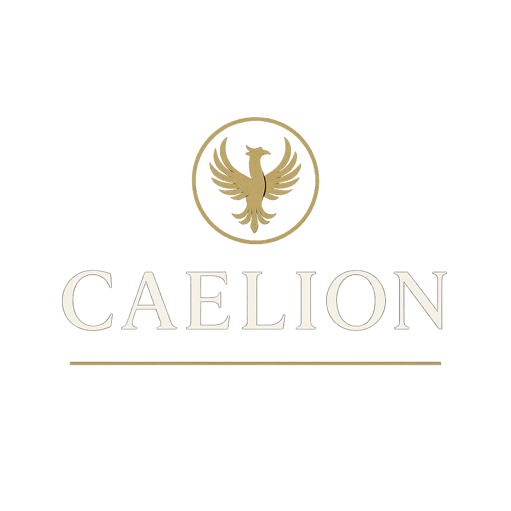 Ink background, thin soft-gold line, Caelion monogram watermark centered.