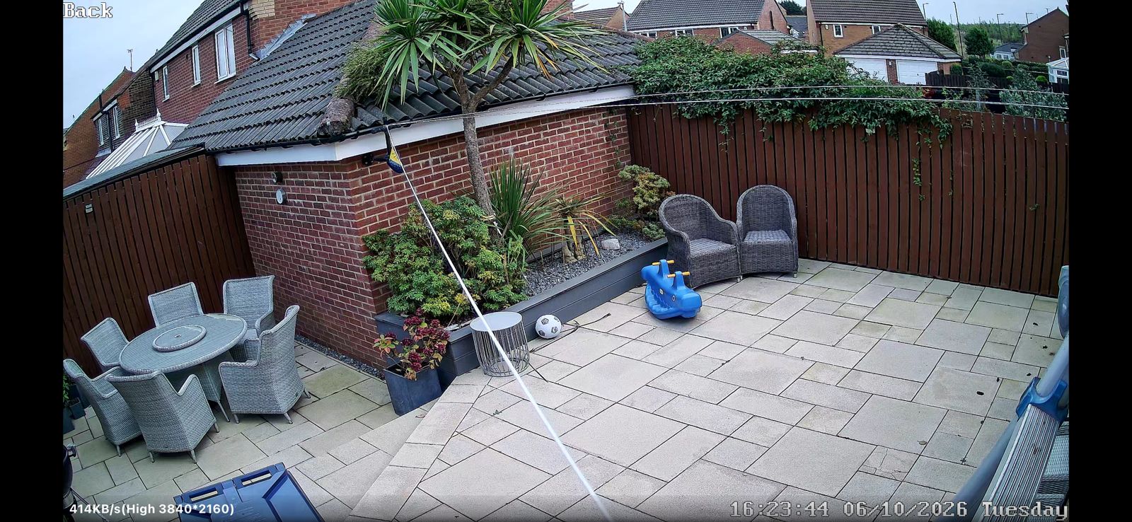4K CCTV view of a back garden patio with garden furniture in Sunderland 4K CCTV view of a back garden patio with garden furniture in Sunderland