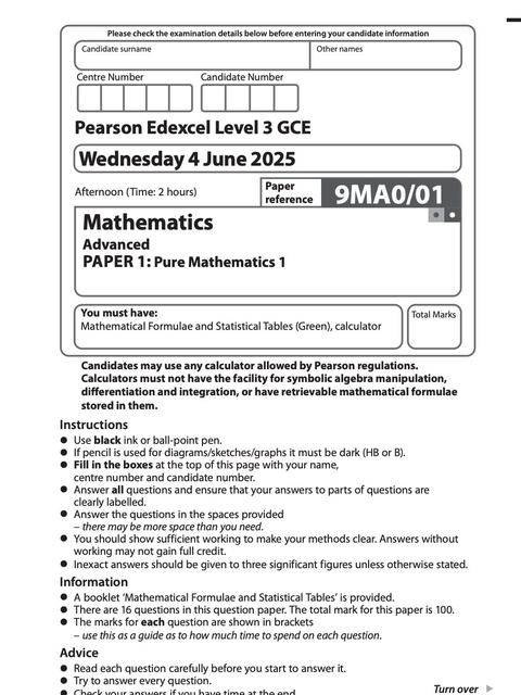 Edexcel A-Level Maths past paper