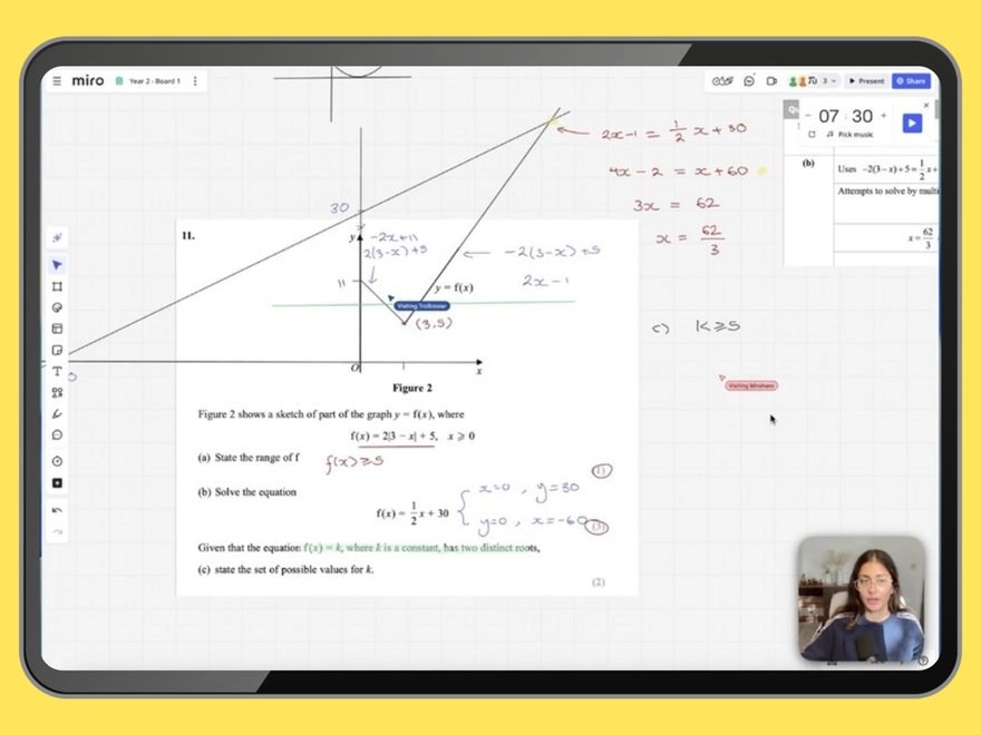Mandy working through an Edexcel A-Level Maths exam question live on a shared whiteboard, shown on a tablet