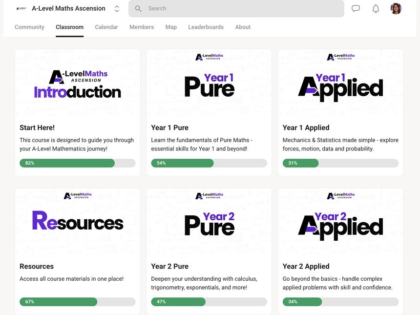 The A-Level Maths Ascension platform showing the full video course: Year 1 and Year 2 Pure and Applied, resources and live lesson recordings