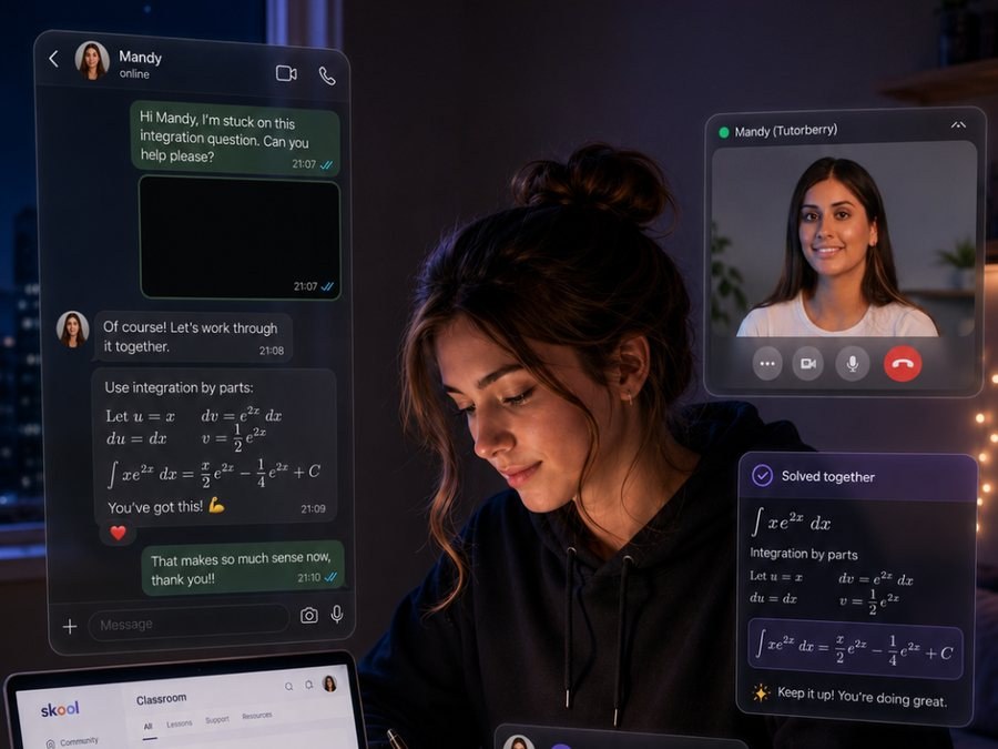 A student messaging Mandy on WhatsApp about an integration question and getting a full worked solution the same evening