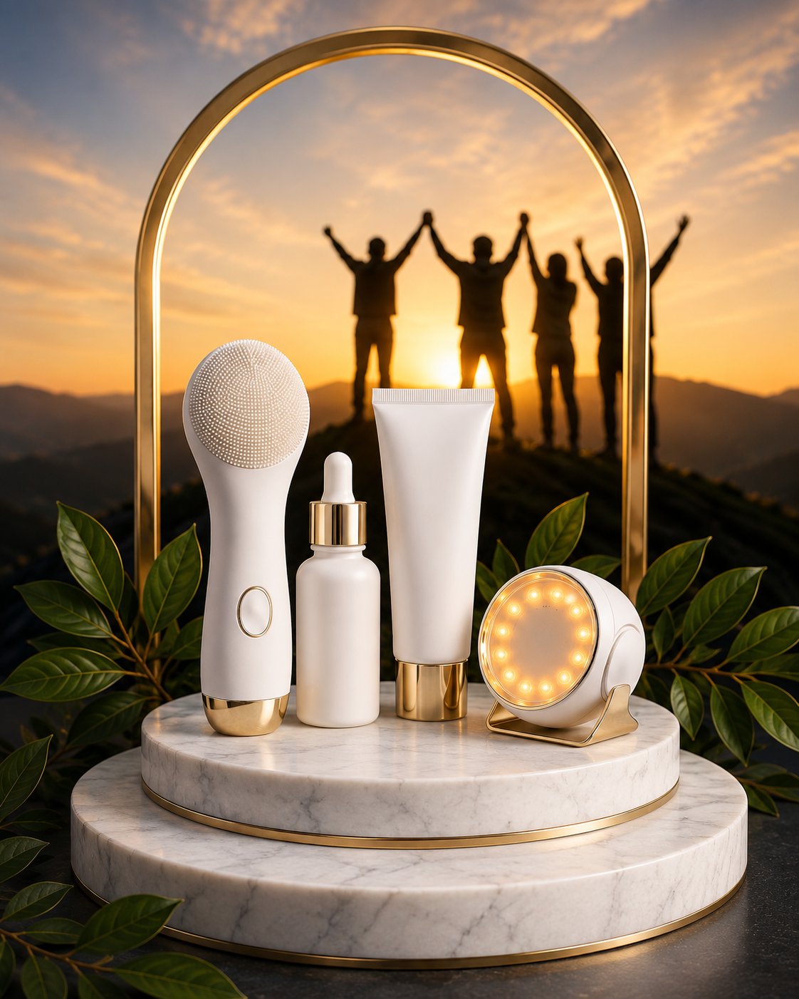 Nu Skin skincare product lineup on marble podium