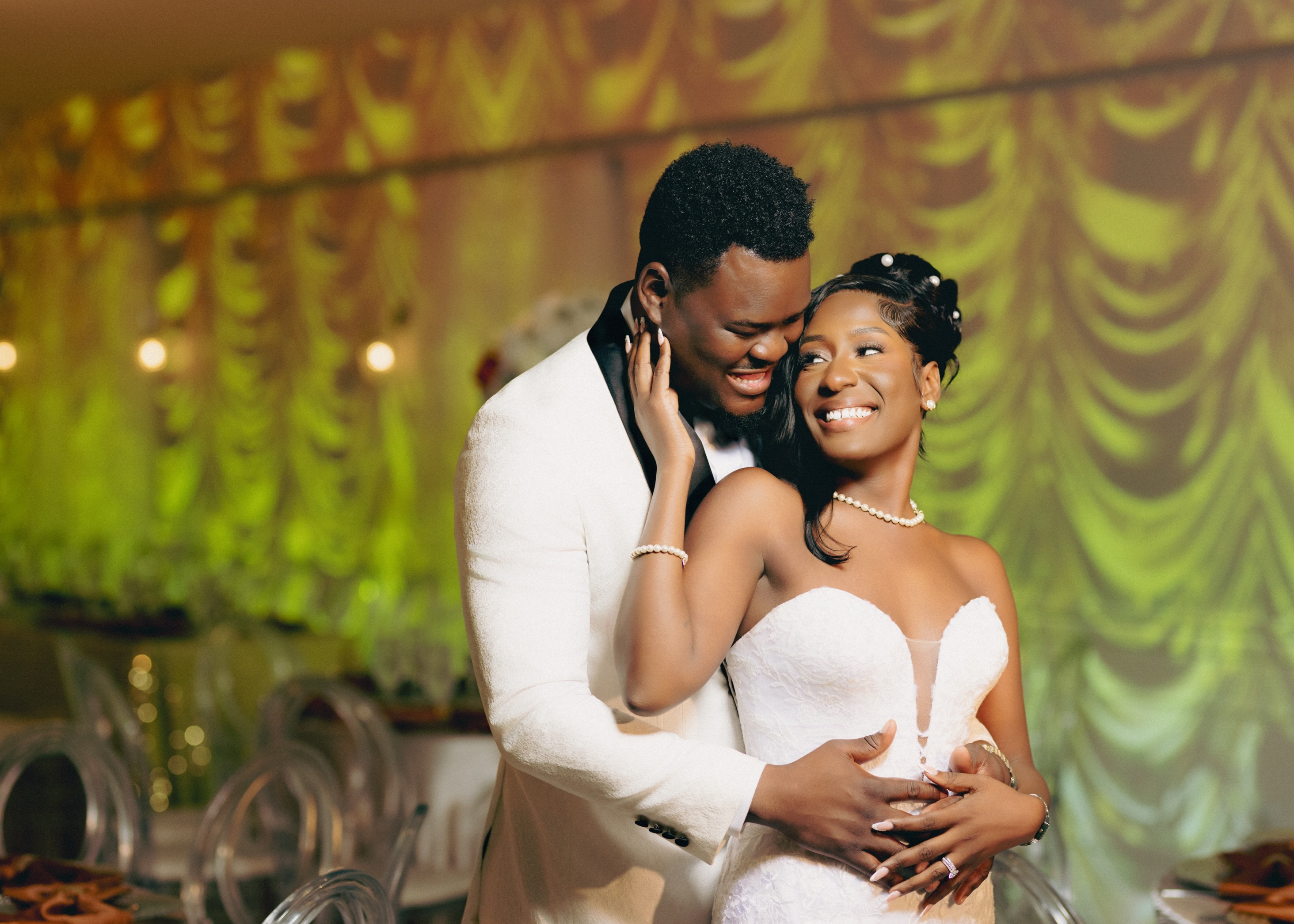 Bride and groom embracing