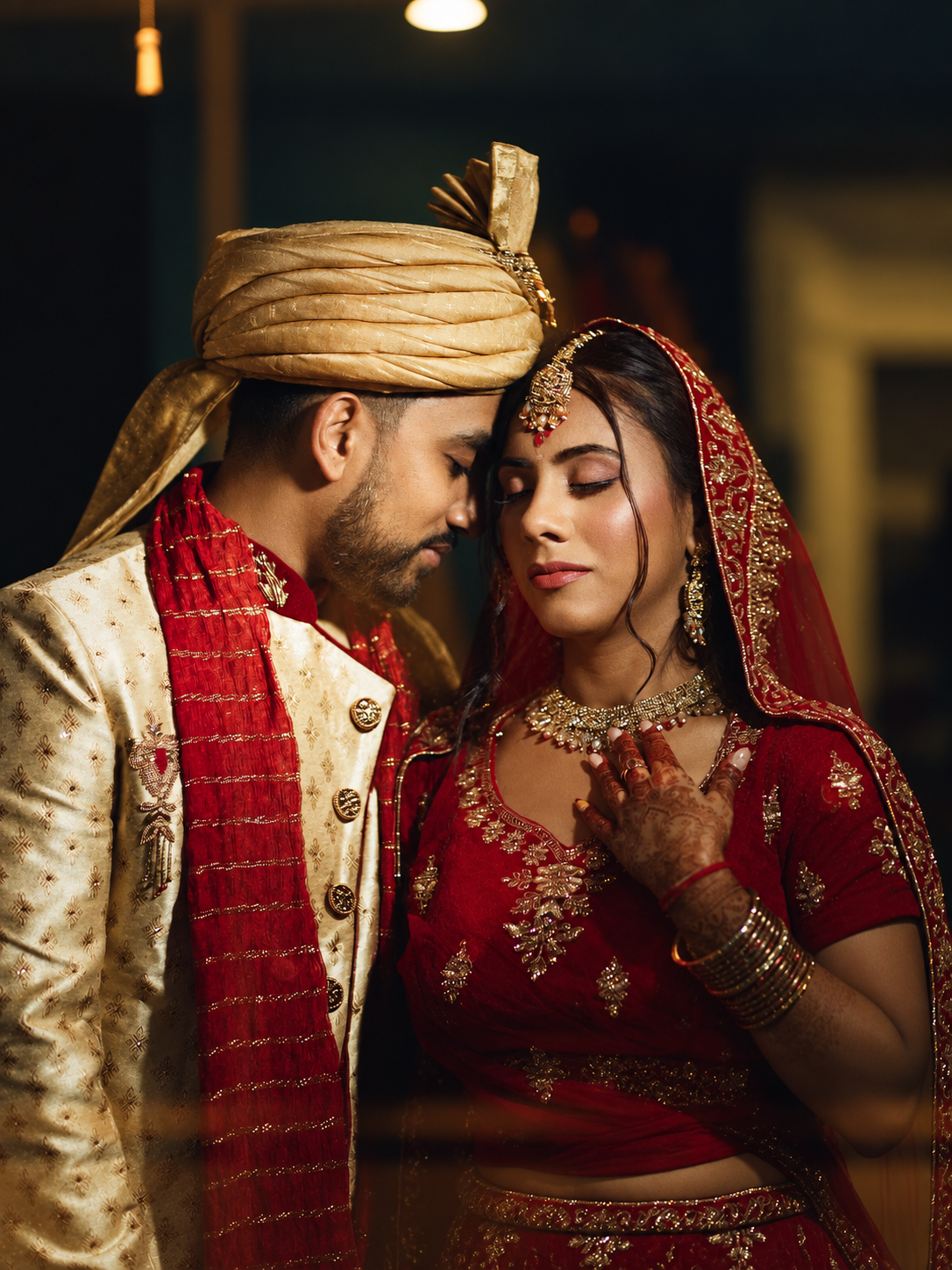 Bride and groom in traditional Indian wedding attire sharing a quiet forehead-to-forehead moment