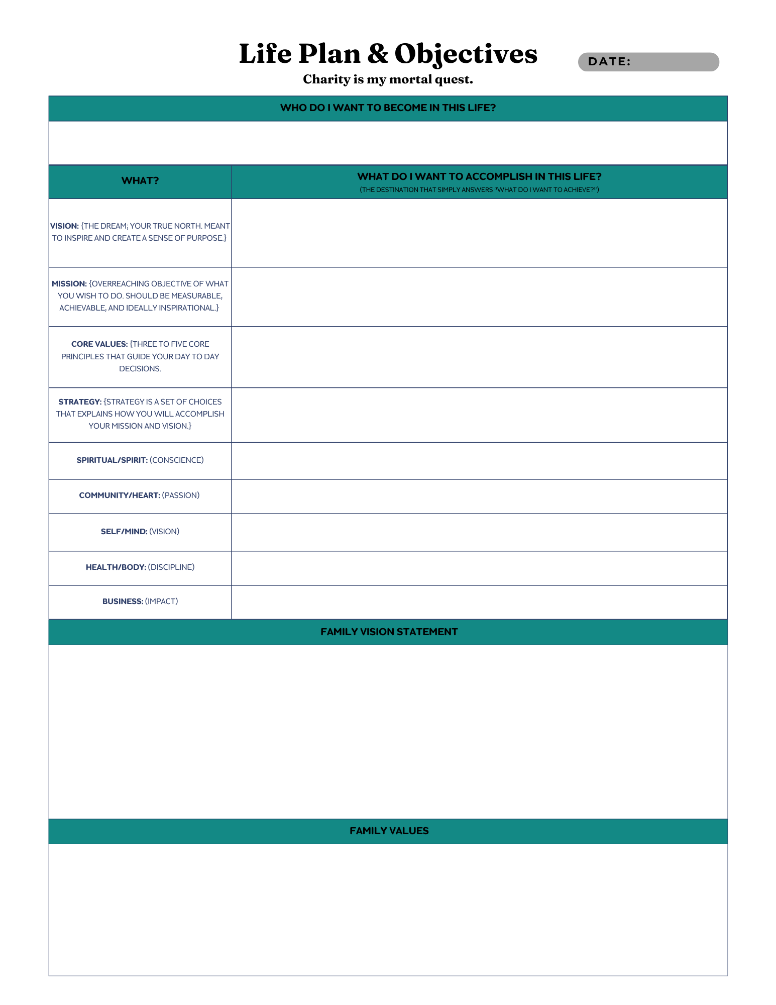 Life Plan and Objectives page