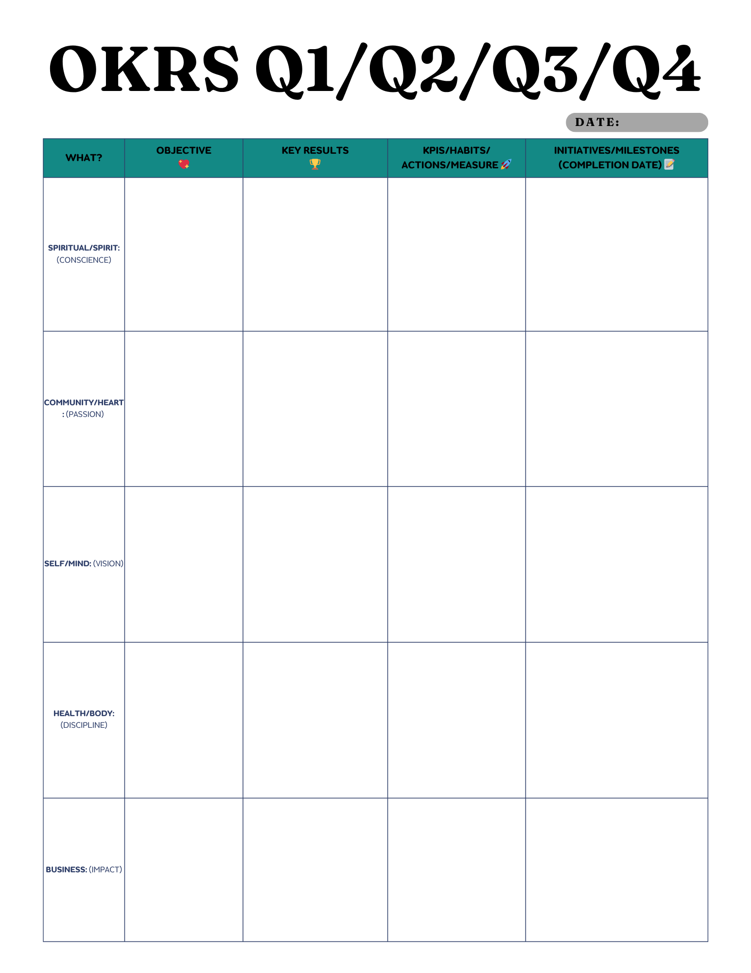 Quarterly OKRs page from the Self-Reliance Planner