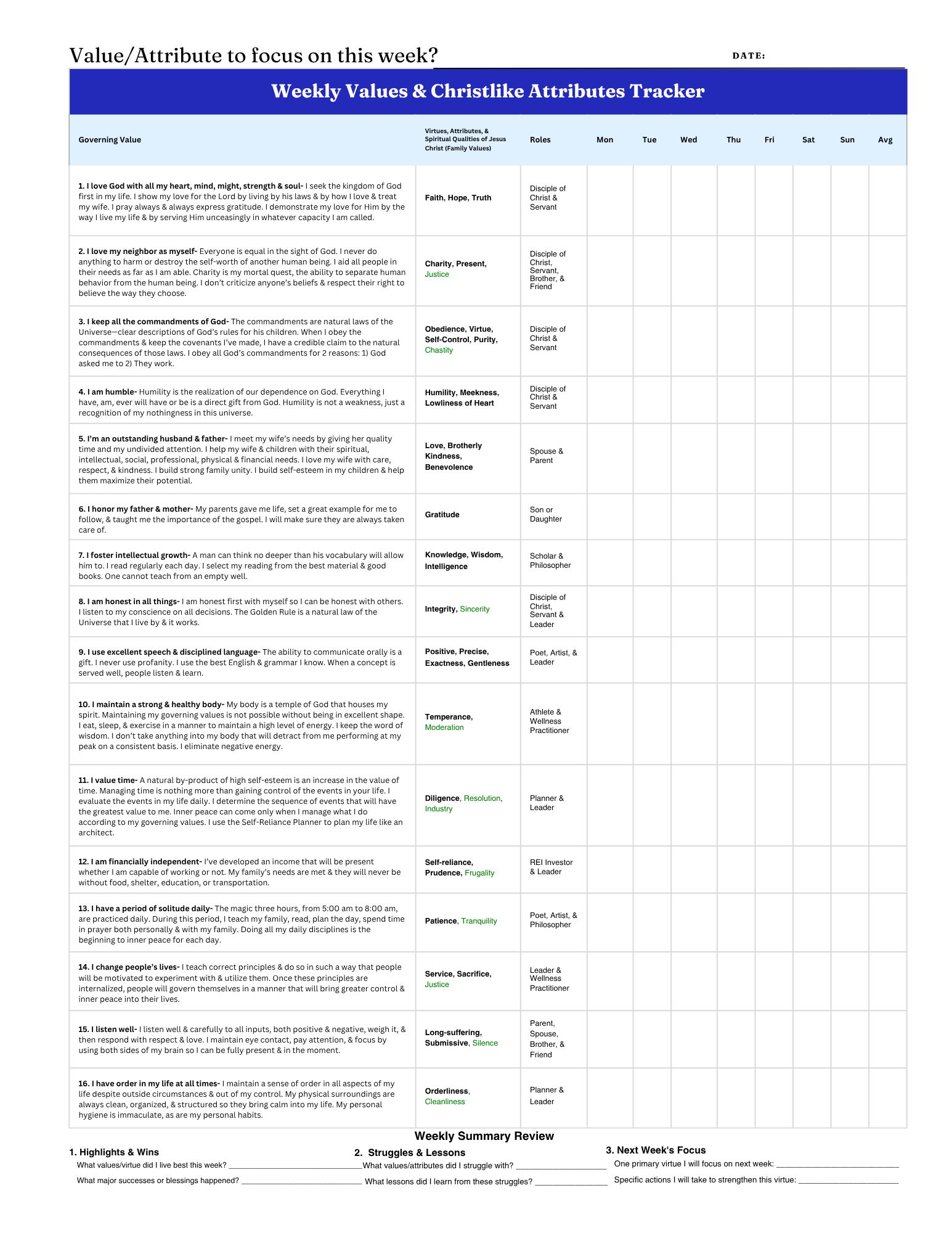 Weekly Values and Christlike Attributes Tracker