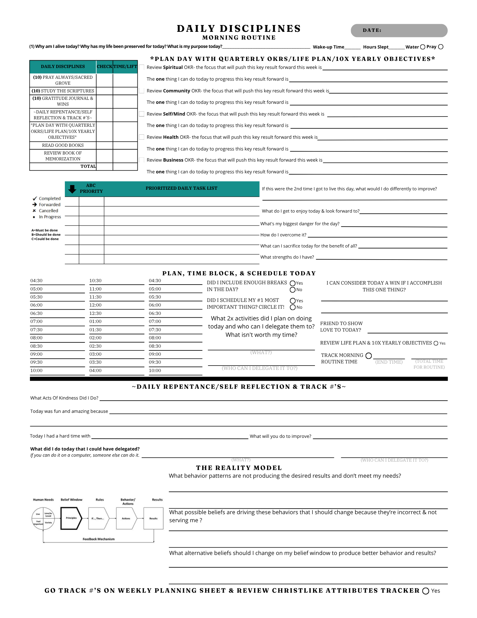 A glimpse inside the Self-Reliance Planner — Daily Disciplines page