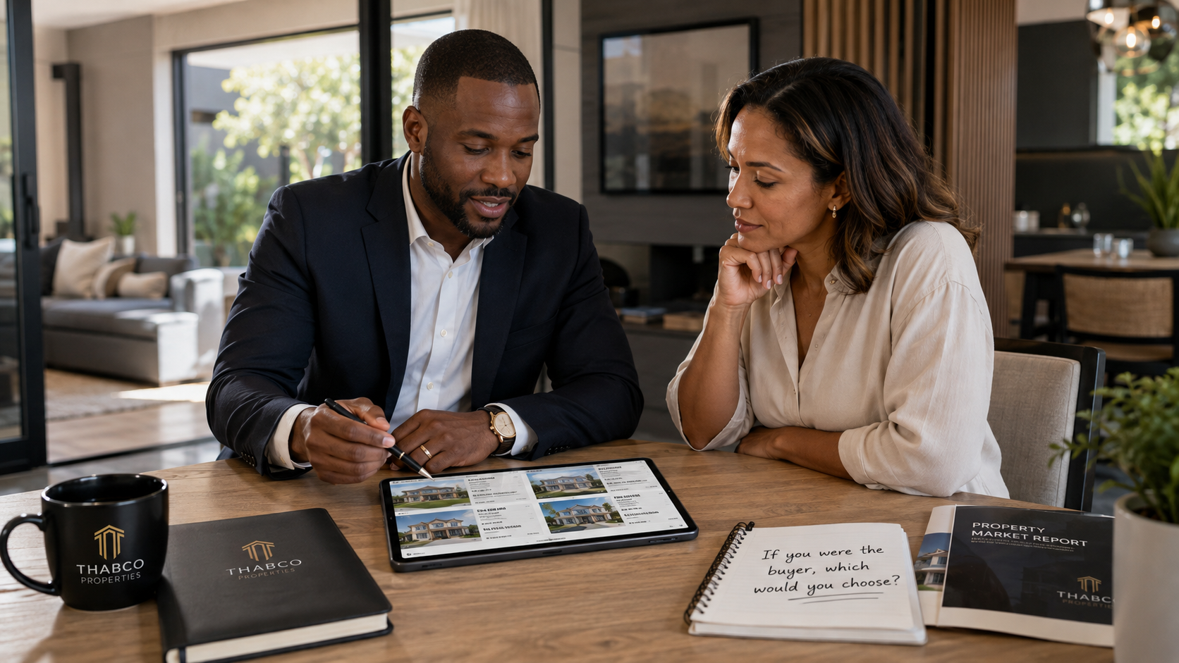 Estate agent guiding a seller through comparable properties during a pricing discussion.