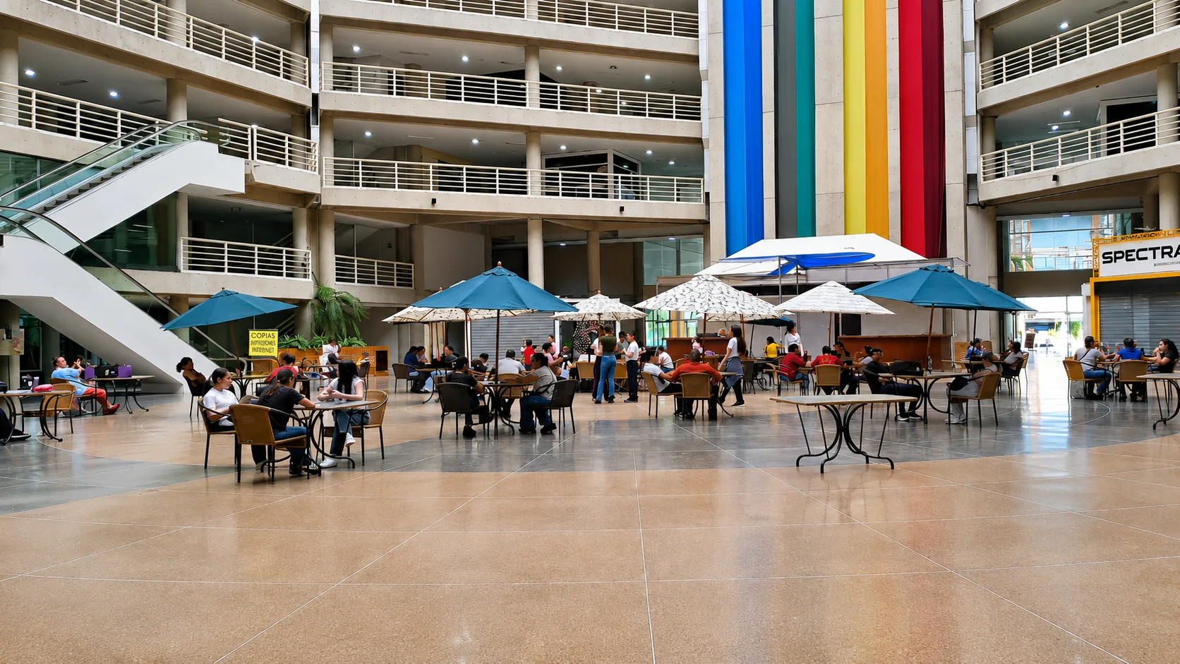 Área central techada del complejo Petroriente con mesas, restaurantes y locales en varios niveles