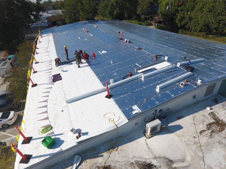Aerial of a commercial roofing job