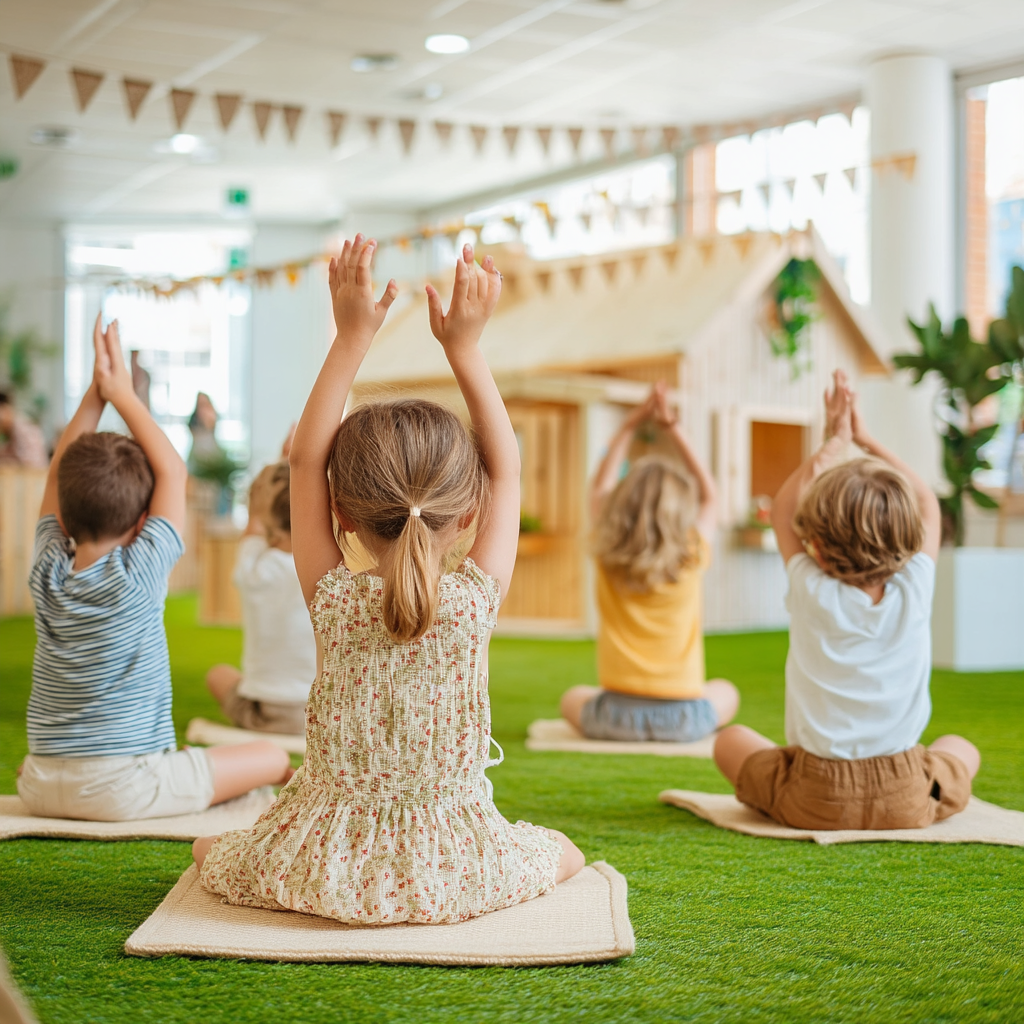 Grup d'infants fent ioga a l'activitat Blooming d'Espai Sàndal