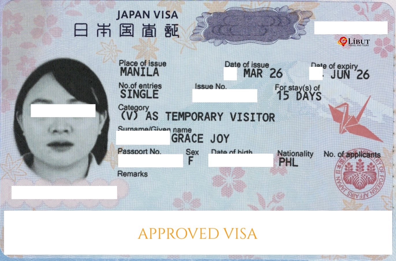 Approved Japan Tourist Visa — Líbut client