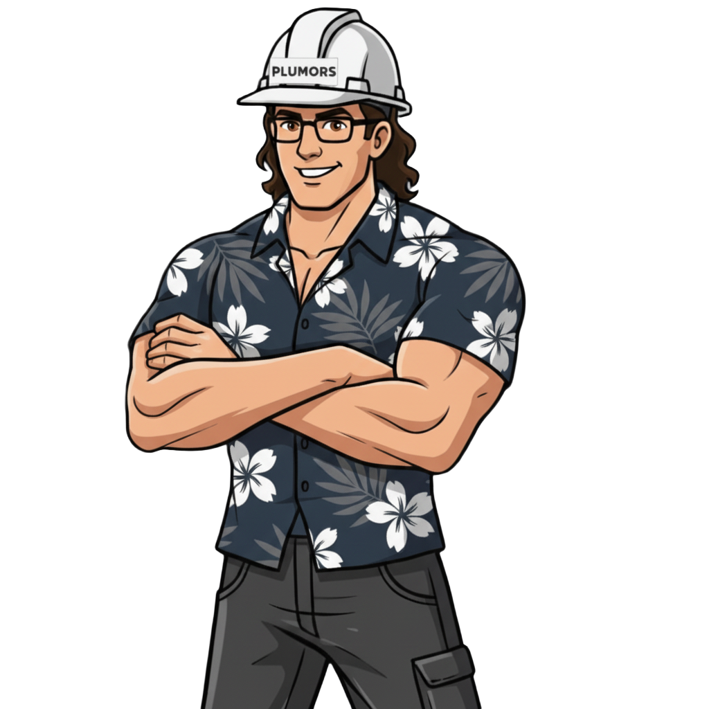 Plumors cartoon contractor mascot wearing a hard hat and floral shirt with arms crossed