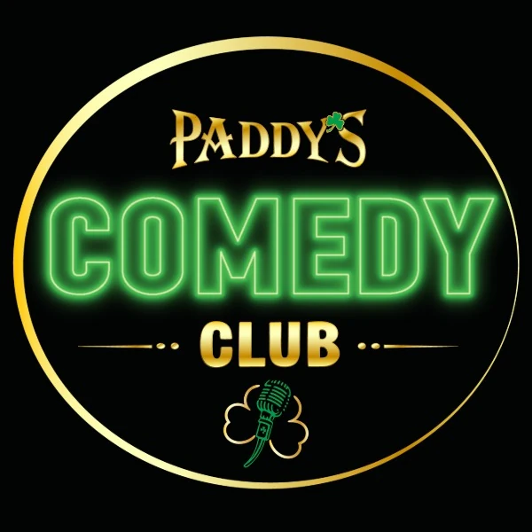 Paddy's Comedy Club logo featuring vibrant green text and a microphone, promoting Thursday Comedy Nights at Paddy's Irish Pub.