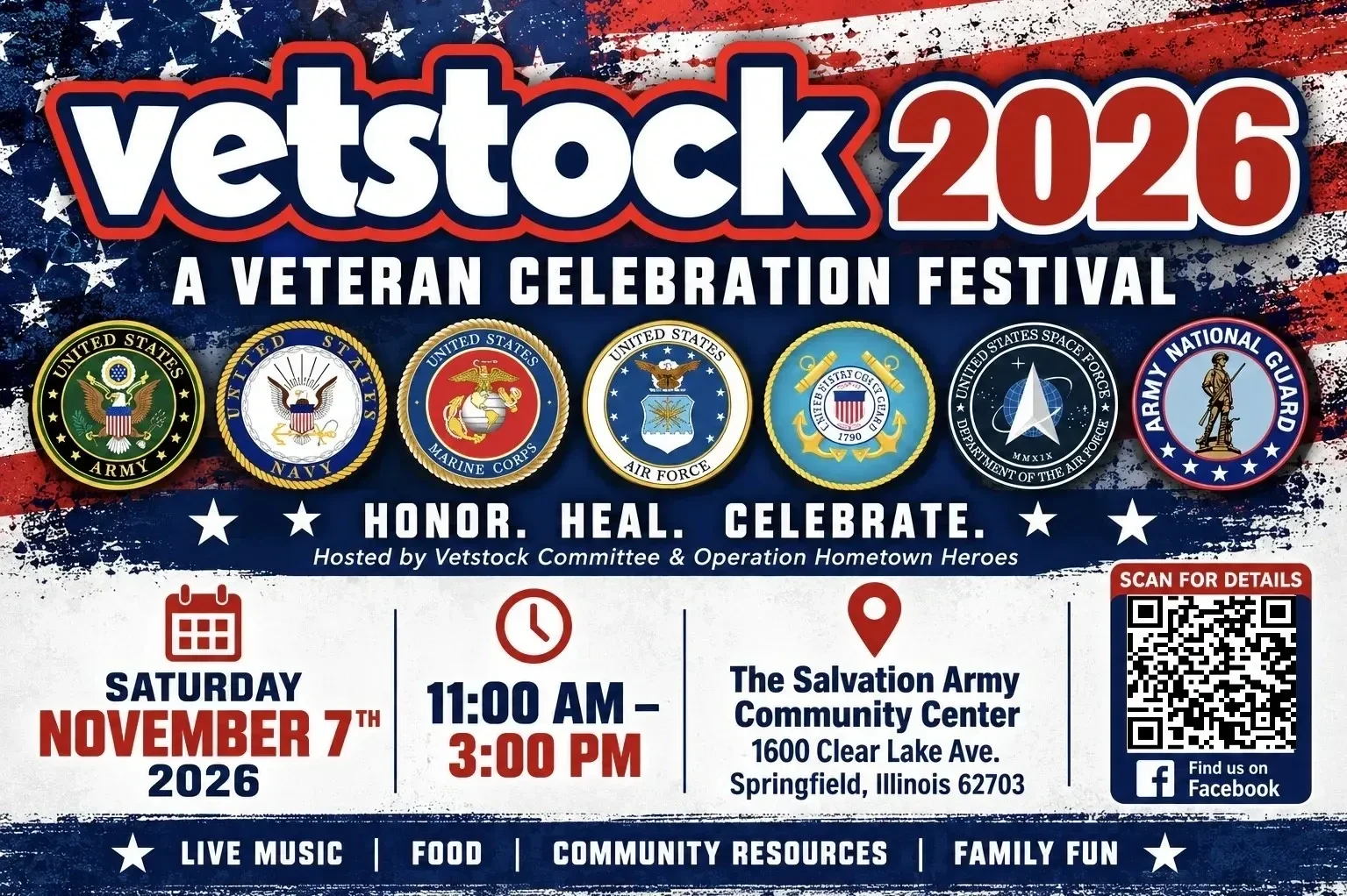 Vetstock 2026 flyer. A Veteran Celebration Festival. Saturday, November 7, 2026, 11:00 a.m. to 3:00 p.m., The Salvation Army Community Center, 1600 Clear Lake Ave., Springfield, Illinois. Live music, food, community resources, family fun.