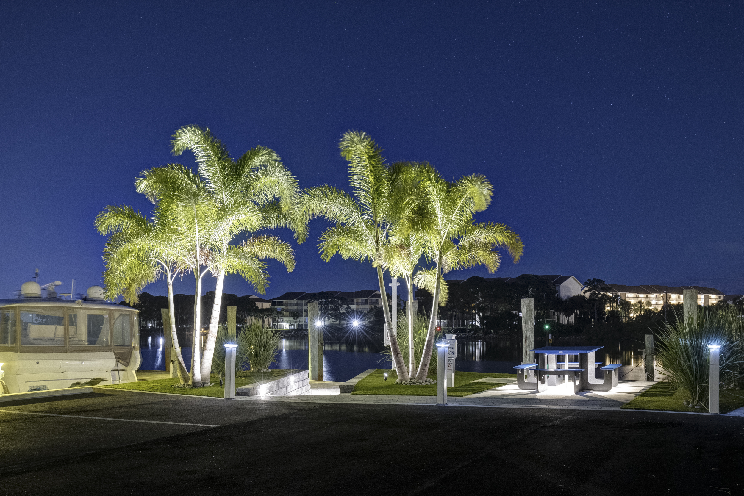 Tall palm trees lit from below against a deep blue evening sky, with boats in the background