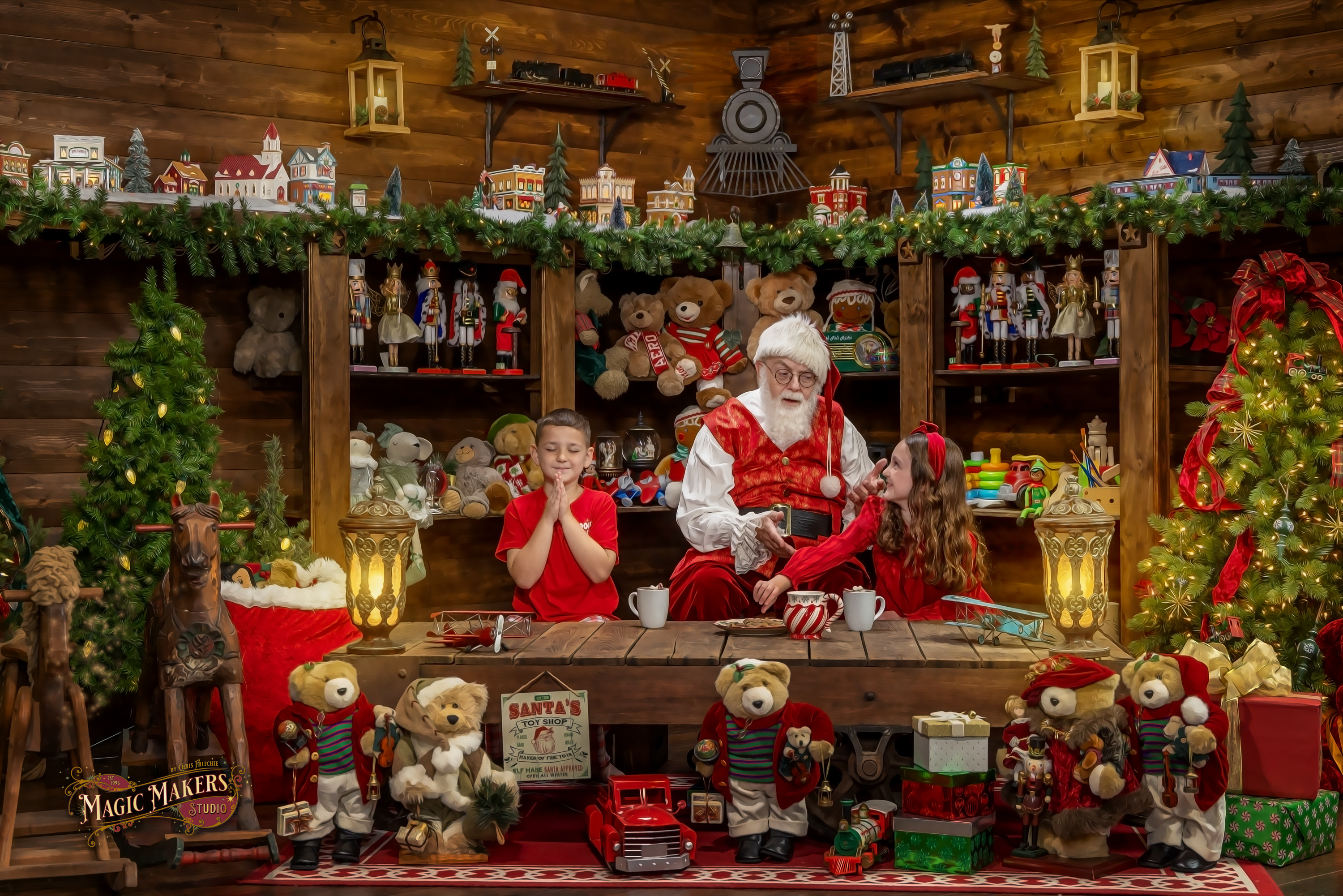Santa and children together during an interactive Magic of Santa portrait session