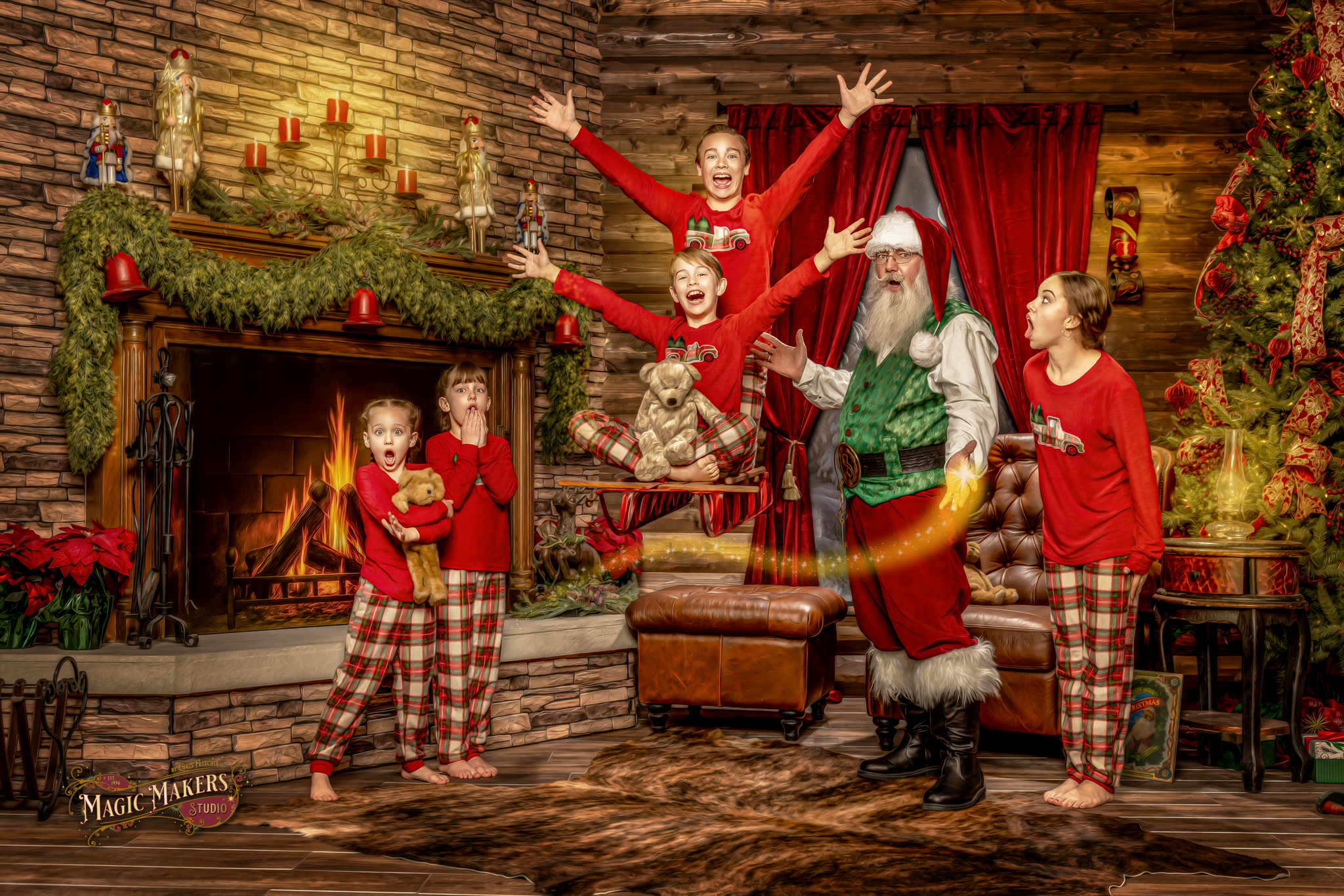Santa Al celebrating with a family during their 2025 Magic of Santa portrait experience