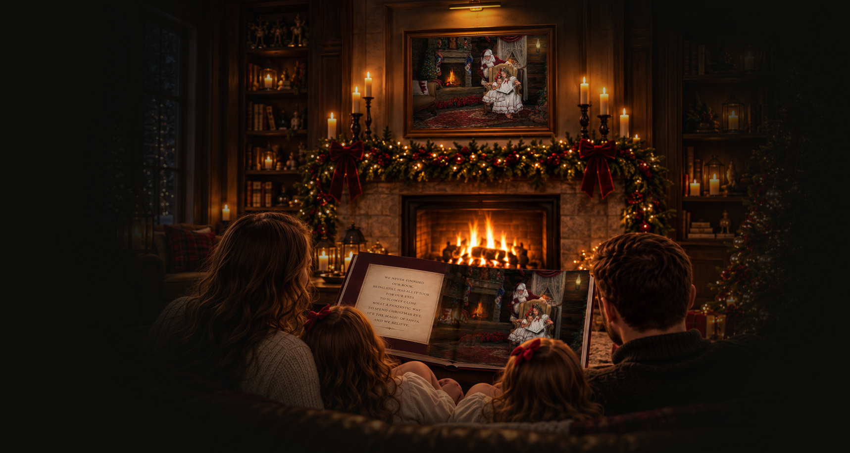 A family sharing a Christmas storybook with Santa by the fireplace during The Magic of Santa experience