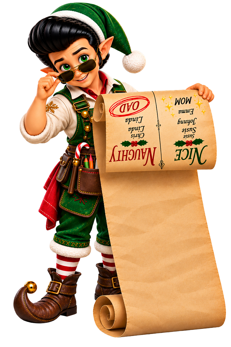 Elfis, Santa's Chief Public Relations Elf, holding the Naughty and Nice list