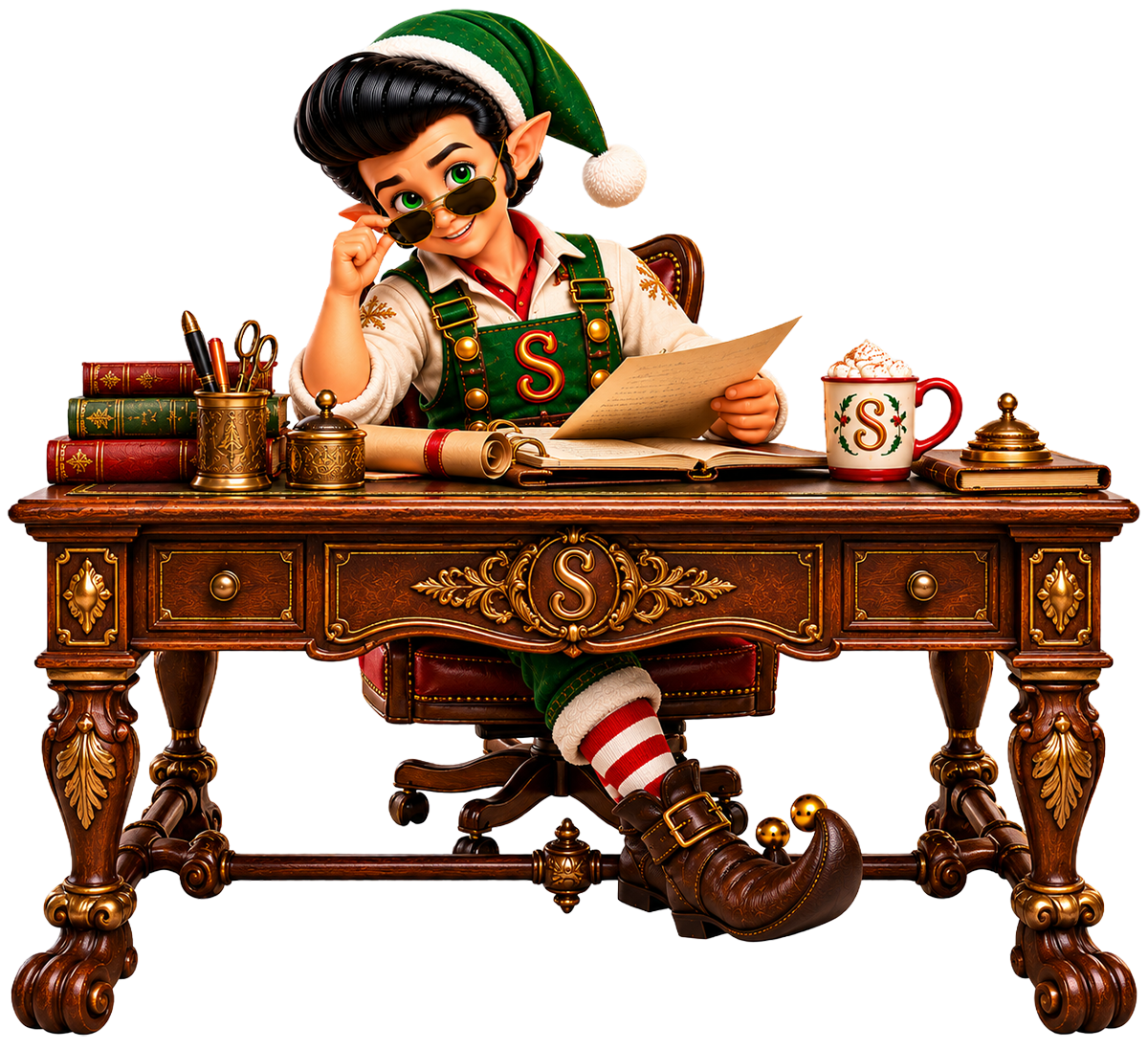 Elfis, Santa's Chief Public Relations Elf, at his desk reading a letter