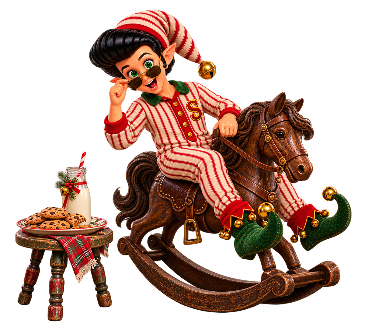 Elfis in candy-striped pajamas riding a rocking horse beside a stool of cookies and milk