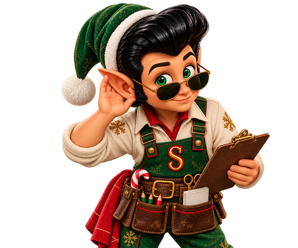 Elfis leaning in to listen, holding a clipboard