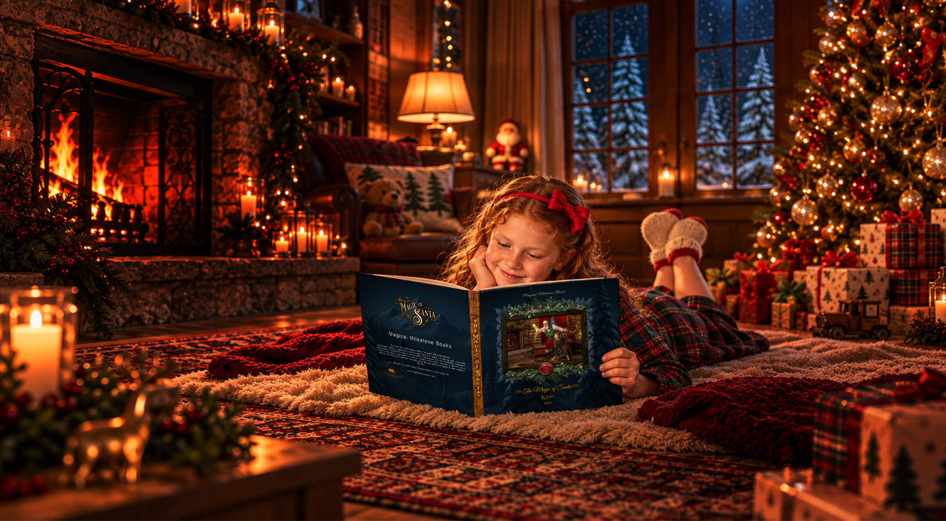 Young girl in Christmas pajamas reading her personalized Magic of Santa Storybook beside a glowing fireplace and decorated Christmas tree