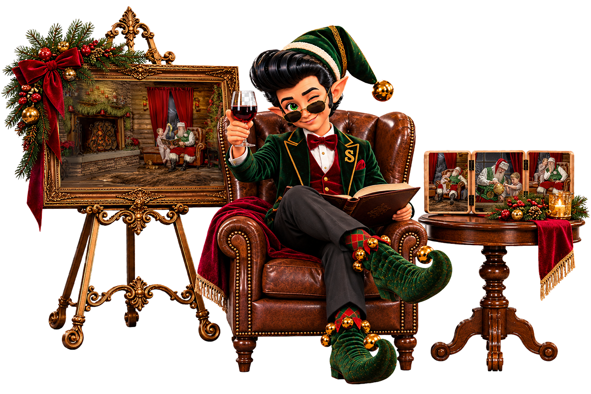 Elfis seated in a leather chair raising a glass in a toast, with an album in his lap, framed wall art on an easel and a portrait collection displayed beside him