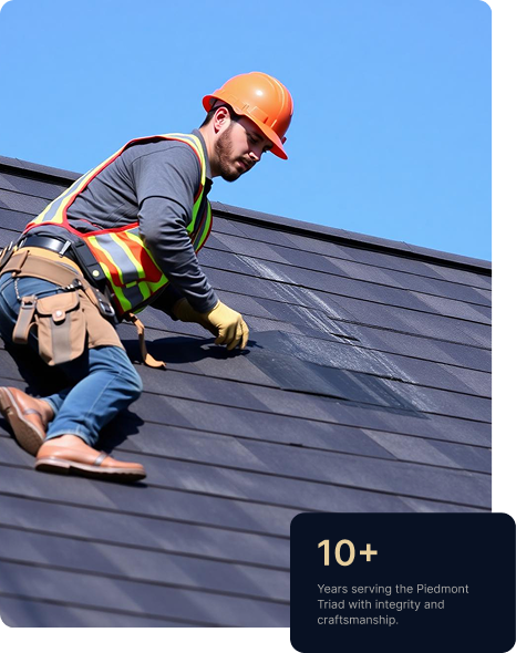 Professional roofing contractor installing dark roof shingles on a residential roof, wearing safety gear and tool belt, with 10+ years of roofing experience highlighted.