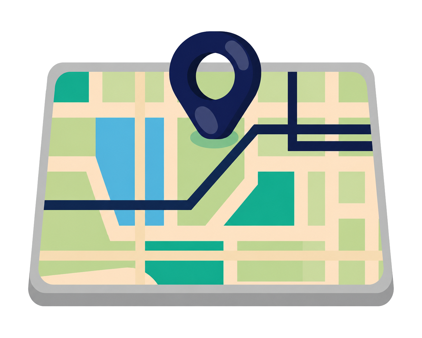 Illustrated map with streets and blocks, featuring a large blue location pin and a highlighted navigation route leading to a destination.