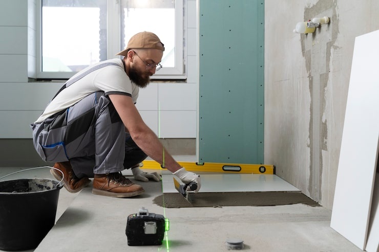 Bathroom installer laying floor tiles.