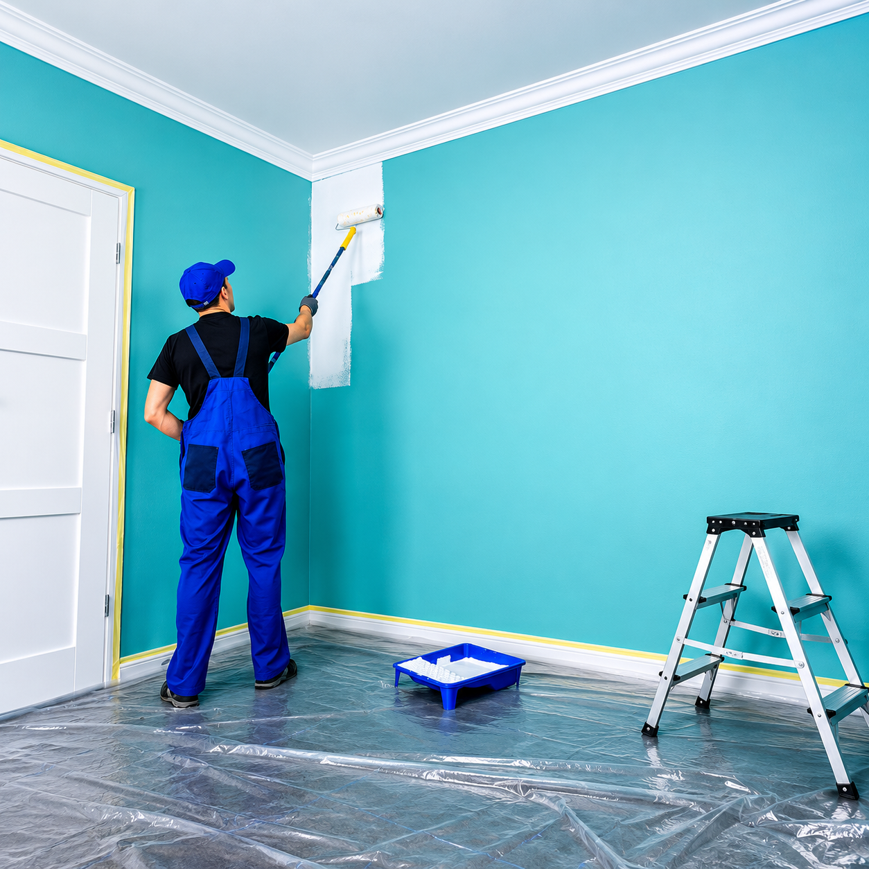 Painter applying white paint to a turquoise interior wall.