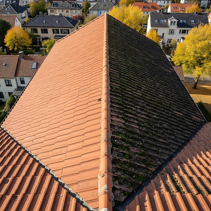 Before and after roof cleaning comparison showing moss and algae removal from a residential roof in High Point, NC.