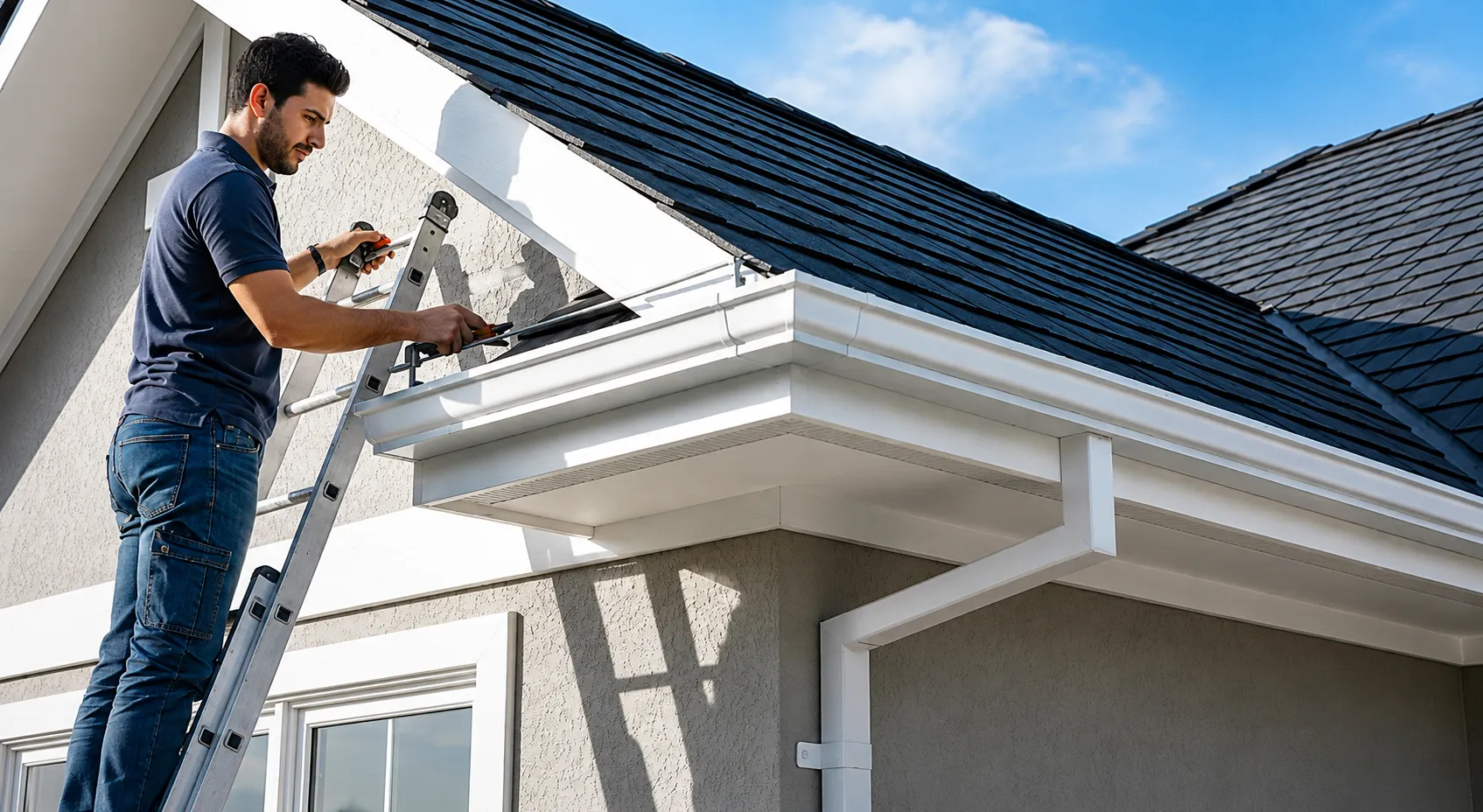 Professional contractor installing and maintaining residential gutters as part of a roofing service project in Kernersville, NC.