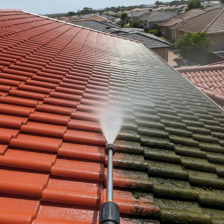 Professional roof cleaning service in Winston-Salem, NC removing algae, moss, and stains from a residential tile roof to restore appearance and extend roof life.