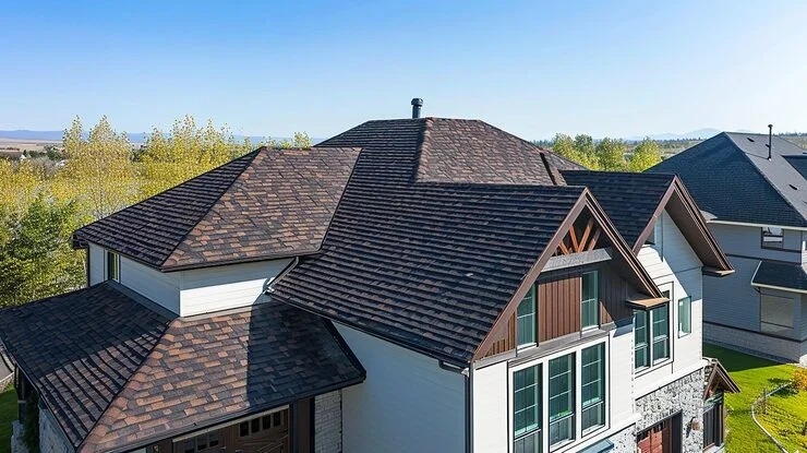 Elevated view of a residential house roof with brown and black multi-tone asphalt shingles, showing a wide spread.