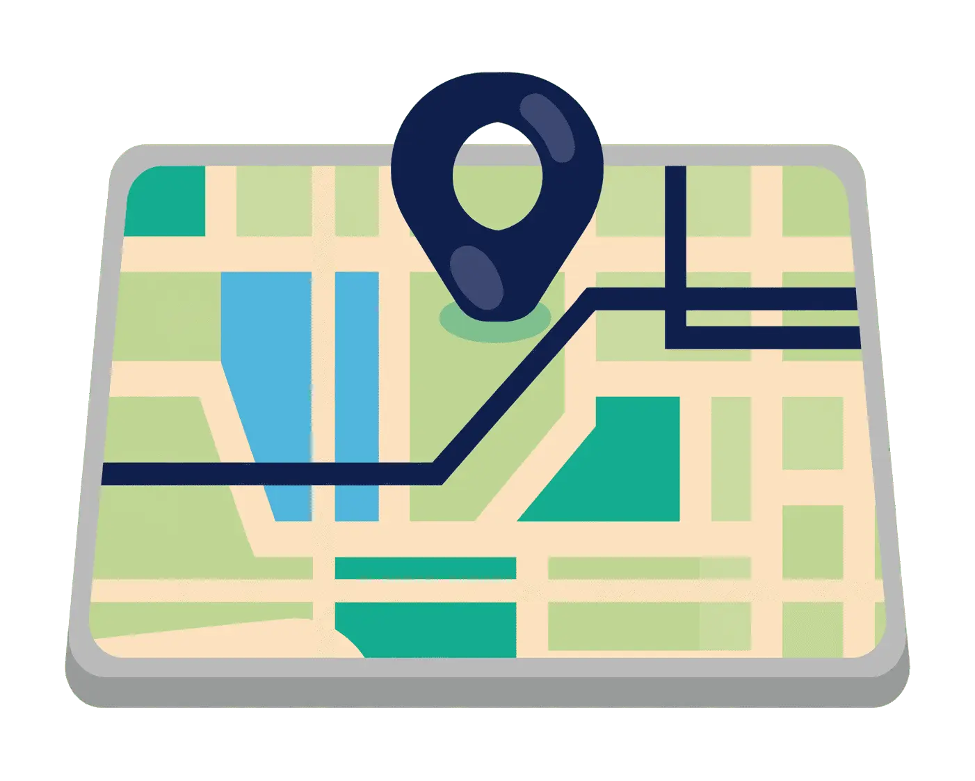 Illustrated map with streets and blocks, featuring a large blue location pin and a highlighted navigation route leading to a destination.