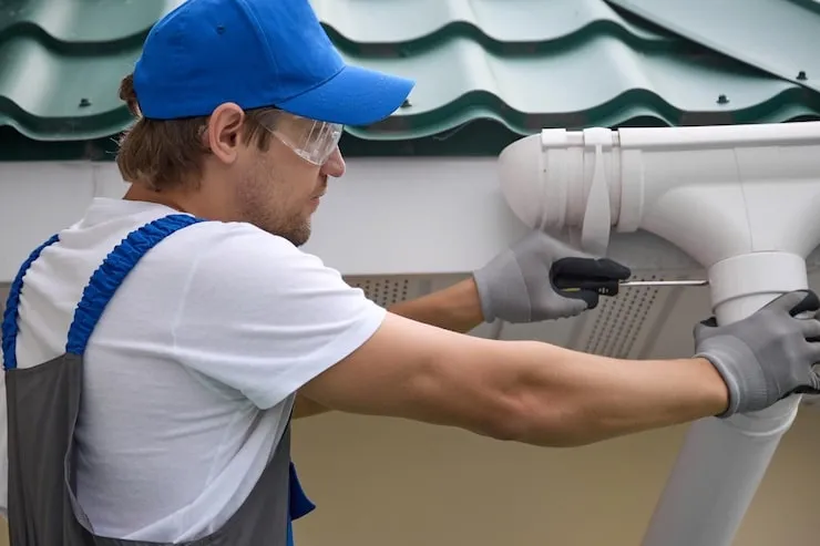 "Roofing contractor working on a residential roof installation or repair project."