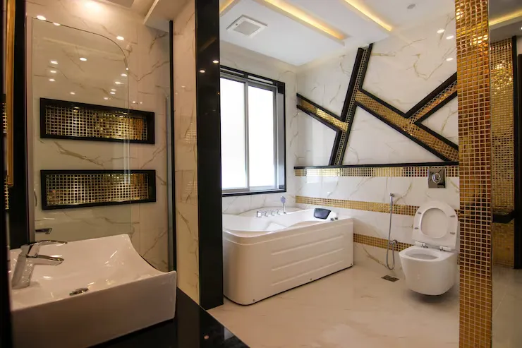 Modern luxury bathroom with bathtub.