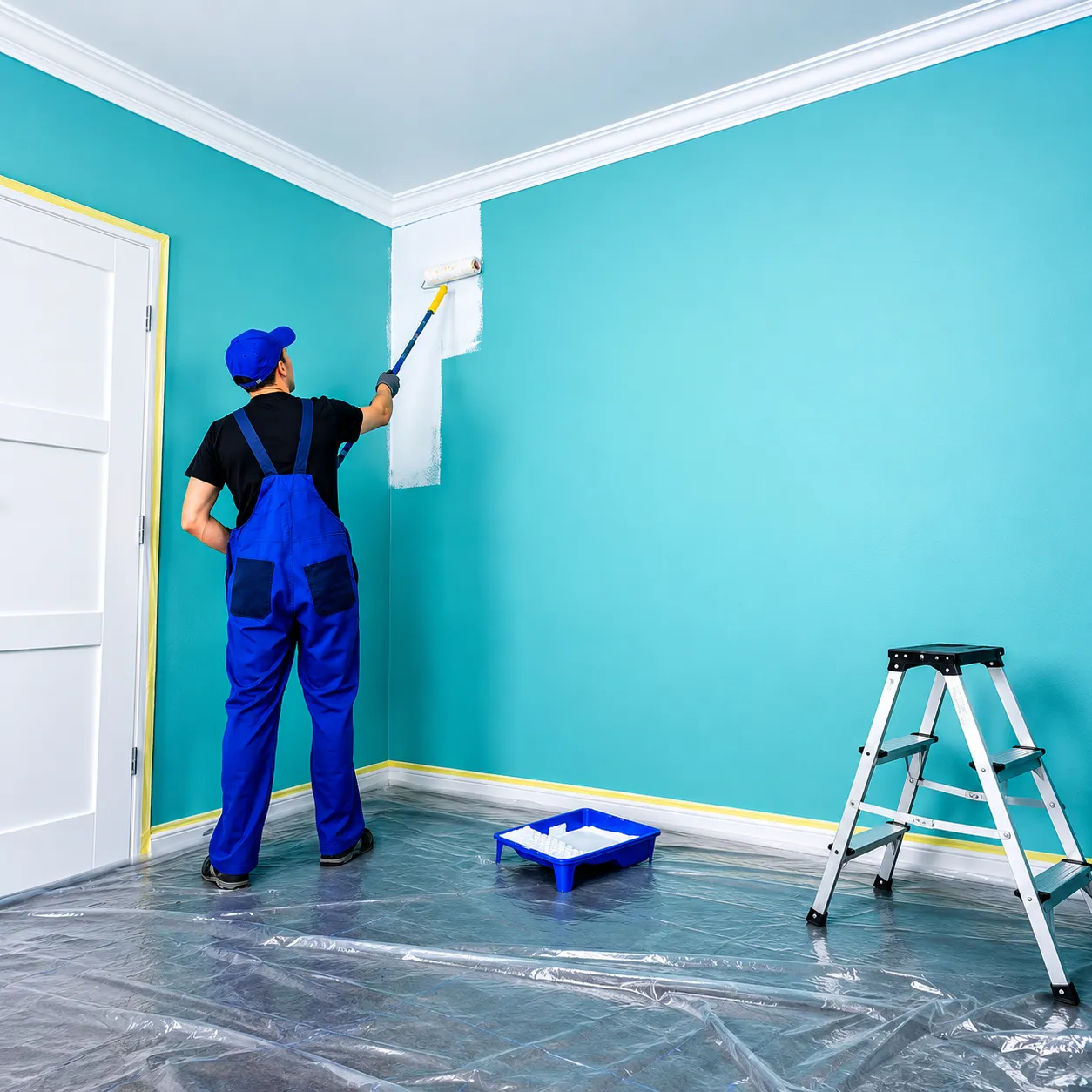 Painter applying white paint to a turquoise interior wall.
